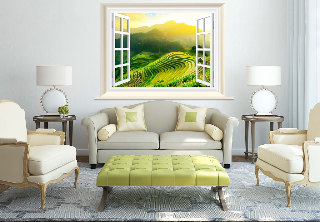 Tranh dán tường cửa sổ ruộng bậc thang